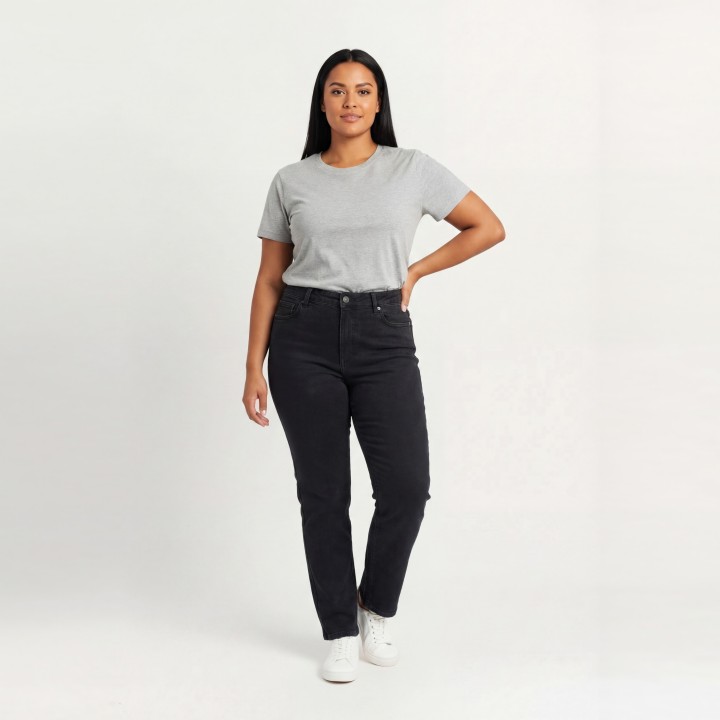 Jeans Rectos Mujer Negro Talla Grande Cintura Alta